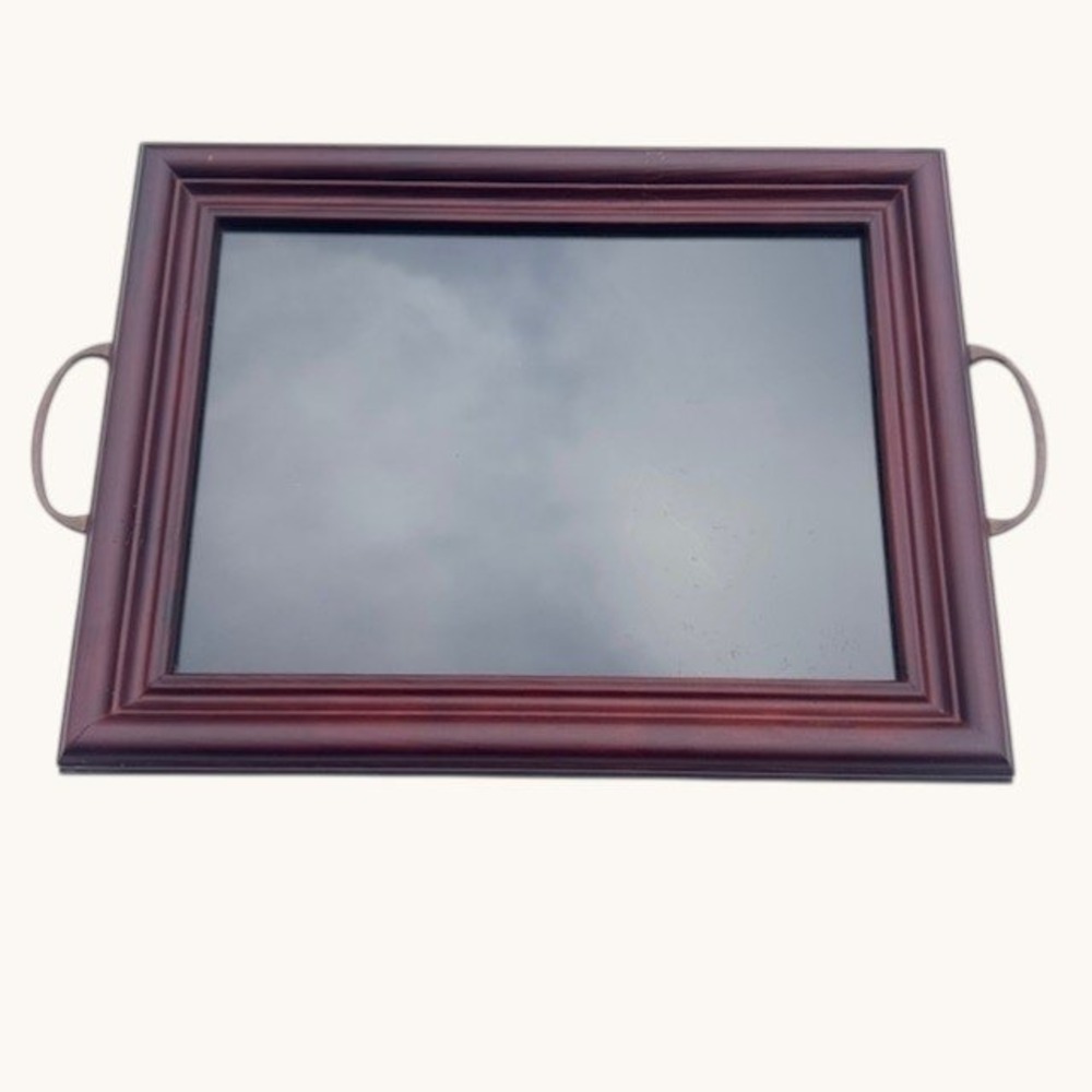 Vintage Mahogany Wood Glass Top Serving Tray with Bronze Handles 19x12.5